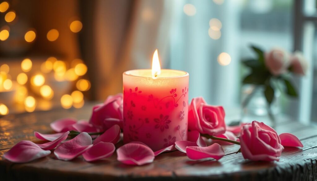 A beautifully crafted pink candle, elegantly placed in the center of a rustic wooden table, is the focal point of the image. The candle is adorned with delicate floral patterns, glowing softly with a warm, flickering flame that casts gentle shadows. Surrounding the candle are scattered rose petals in varying shades of pink, enhancing the romantic ambiance. In the background, a blurred view of softly glowing fairy lights adds a dreamy quality to the scene. The lighting is warm and inviting, emulating a cozy evening setting. The overall mood is serene and enchanting, perfect for capturing the essence of attraction and love. The image is photographed from a slightly elevated angle to showcase the candle's details while maintaining a soft focus on the background elements.