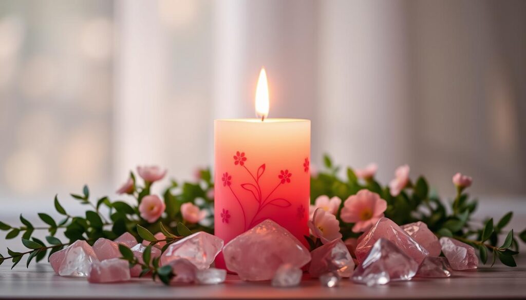 A beautifully crafted pink candle, softly glowing against a serene backdrop, is centered in the foreground. The candle is adorned with delicate floral motifs and emits a warm, inviting light, casting gentle shadows. Surrounding the candle, elegant pieces of rose quartz sit harmoniously, reflecting the light and adding an aura of tranquility. In the middle ground, lush greenery and soft pastel pink flowers create a nurturing environment, enhancing the theme of self-love. The background features a subtle bokeh effect, with soft, diffused light creating a dreamy atmosphere. The scene is captured from a slight overhead angle, allowing the textures of the candle and gemstones to come alive. The overall mood is calm, uplifting, and perfect for inspiring feelings of love and serenity. A beautifully crafted pink candle, softly glowing against a serene backdrop, is centered in the foreground. The candle is adorned with delicate floral motifs and emits a warm, inviting light, casting gentle shadows. Surrounding the candle, elegant pieces of rose quartz sit harmoniously, reflecting the light and adding an aura of tranquility. In the middle ground, lush greenery and soft pastel pink flowers create a nurturing environment, enhancing the theme of self-love. The background features a subtle bokeh effect, with soft, diffused light creating a dreamy atmosphere. The scene is captured from a slight overhead angle, allowing the textures of the candle and gemstones to come alive. The overall mood is calm, uplifting, and perfect for inspiring feelings of love and serenity.