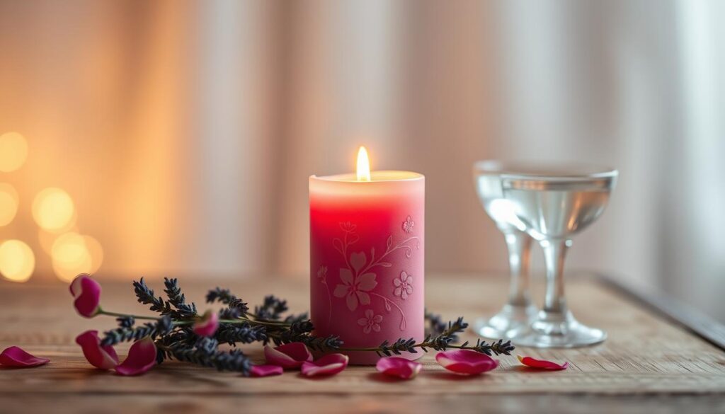 A beautifully crafted pink candle stands centered in the foreground, adorned with delicate floral motifs etched into the wax. The candle is lit, casting a warm, inviting glow that creates soft shadows and highlights the intricate details of its design. Surrounding the candle are sprigs of fresh lavender and rose petals, enhancing the romantic allure. In the middle ground, a softly blurred wooden table provides a rustic touch, while a clear, elegant glass of water reflects the candle's light, adding to the serene atmosphere. The background features gentle bokeh of soft pastel colors, evoking a sense of tranquility and warmth. The image is lit with soft, diffused lighting, reminiscent of a cozy evening setting, conveying feelings of love and attraction. The focus is sharp on the candle, with a slight depth of field effect creating a dreamy ambiance.