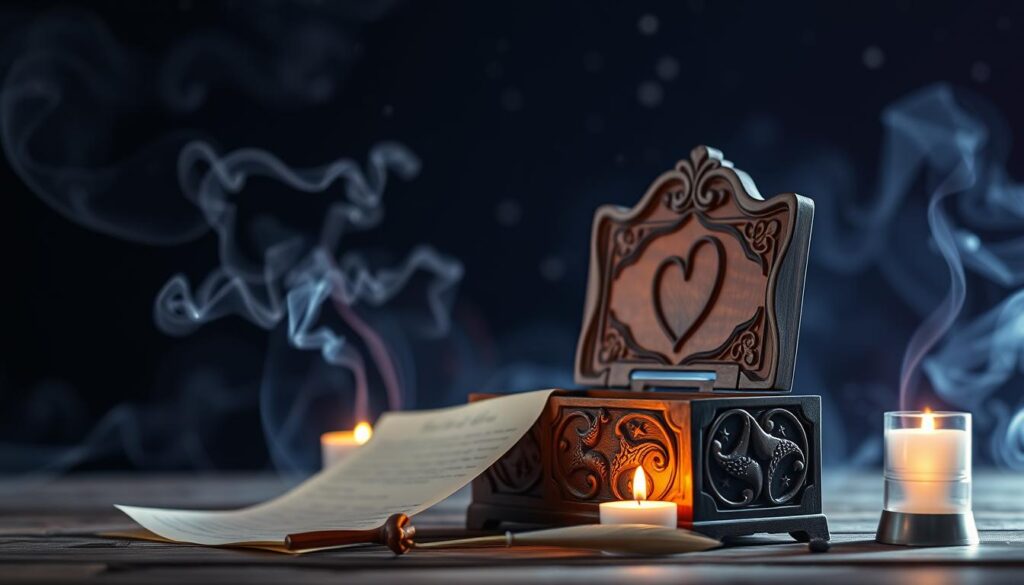 A beautifully crafted soulmate petition box sits elegantly in the foreground, adorned with intricate carvings of hearts and celestial motifs. The box, made of polished wood, is partially open, revealing delicate parchment and a quill beside it. Surrounding the box, there’s a soft, glowing candle emitting warm light, casting gentle shadows. In the mid-ground, wisps of aromatic moon incense curl into the air, blending subtle hues of purple and blue, evoking a mystical atmosphere. The background is softly blurred but features a night sky backdrop, sprinkled with twinkling stars, hinting at a dreamlike ambiance. The overall mood is serene and romantic, inviting feelings of love and connection, lit by soft, ethereal lighting that enhances the enchanting scene.