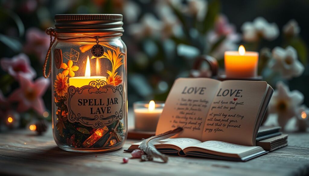 A beautifully crafted spell jar candle sits prominently in the foreground, adorned with intricate labels and delicate charms. The jar’s contents include vibrant herbs, glittering crystals, and flickering candlelight spilling with warm, soft hues of gold and pink, creating a cozy and inviting atmosphere. In the middle ground, a small altar is laid out with additional magical tools, such as a feather and an open notebook filled with heartfelt intentions and warm illustrations. The background features softly blurred botanical elements, suggesting a serene garden setting. The lighting is magical, with an ethereal glow illuminating the subject, evoking a sense of enchantment and intimacy. The overall mood is warm and positive, inviting viewers to explore the possibilities of love and intention in their relationships.