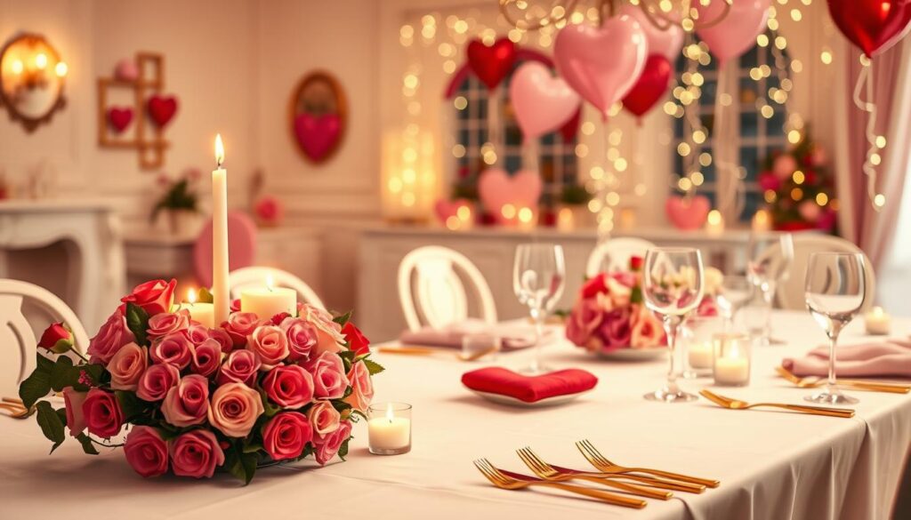 A beautifully decorated Valentine’s Day table setting fills the foreground, featuring a heart-shaped centerpiece made of roses and candles softly illuminating the scene. In the middle ground, an elegant white tablecloth is adorned with fine china, sparkling crystal glasses, and golden cutlery, exuding romance. In the background, a warm, inviting room showcases soft pink and red accents, heart-shaped balloons floating gently, and fairy lights creating a magical atmosphere. The lighting is soft and warm, reminiscent of a cozy evening, captured from a slightly elevated angle to enhance the depth of the setting. The mood is romantic and enchanting, perfect for celebrating love while emphasizing the importance of correctly spelling "Valentine’s Day." No text or decorations detracting from the overall focus should be present.