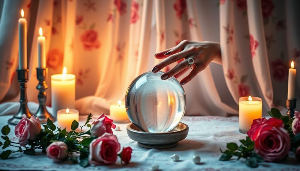 A beautifully designed altar set in a serene, softly lit environment, illuminated by flickering candles casting warm glows. In the foreground, a crystal ball reflects the light while surrounded by fresh roses and herbs, symbolizing love and purity. In the middle, a pair of hands, elegantly adorned with crystal rings, is engaged in the act of mixing fragrant essential oils in a small dish, emphasizing focus and intention. In the background, ethereal drapes adorned with gentle floral patterns flow softly, creating an inviting, mystical atmosphere. The overall mood is one of tranquility and enchantment, with soft focus on the background to enhance the ritualistic theme. The image captures the essence of love spells with a professional and tasteful presentation, perfect for inspiring readers in their pursuit of true love.