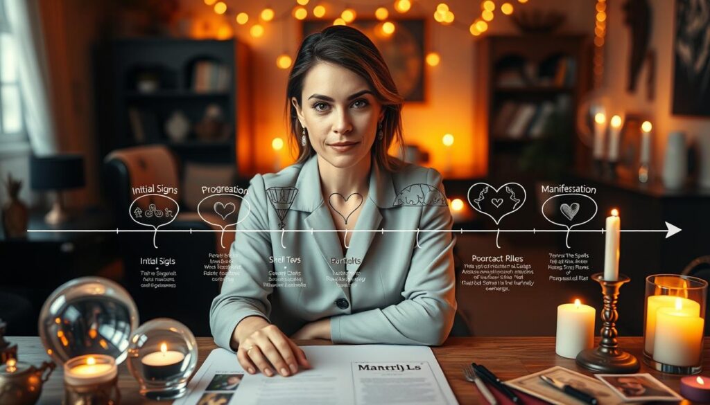 A beautifully designed timeline illustrating the concept of "reading results" for attraction spells, blending mystical and professional elements. In the foreground, a serene, focused Caucasian woman in modest business attire sits at a well-organized workspace, with crystal balls, tarot cards, and candles around her. The middle layer features an intricately drawn timeline with beautifully crafted markers indicating various stages of spell results, such as "Initial Signs," "Progression," and "Manifestation." The background is softly illuminated with warm, inviting light, suggesting a cozy, mystical atmosphere, while ethereal glow gives a sense of magic and enchantment. The perspective is slightly overhead, allowing a clear view of both the woman and the timeline, creating an engaging blend of professionalism and mysticism.