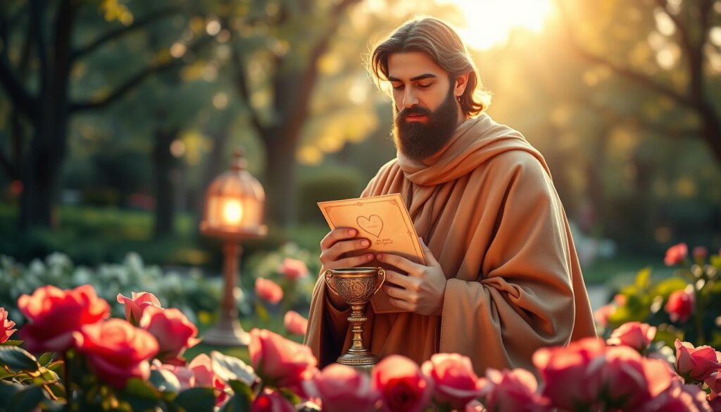 A beautifully detailed depiction of Saint Valentine, portrayed as a kind and gentle figure in a modest, flowing robe, surrounded by an aura of warmth and affection. In the foreground, Saint Valentine holds a heart-shaped scroll symbolizing love and connection while surrounded by delicate rose petals. In the middle ground, a soft, ethereal glow radiates from a small, ornate chalice symbolizing the spirit of love and unity. The background features a peaceful garden setting with gentle sunlight filtering through trees, enhancing the serene atmosphere. The image should be captured with a soft-focus lens at a slight angle to evoke a dreamy, romantic mood. The lighting is warm and inviting, creating an uplifting and enchanting scene.