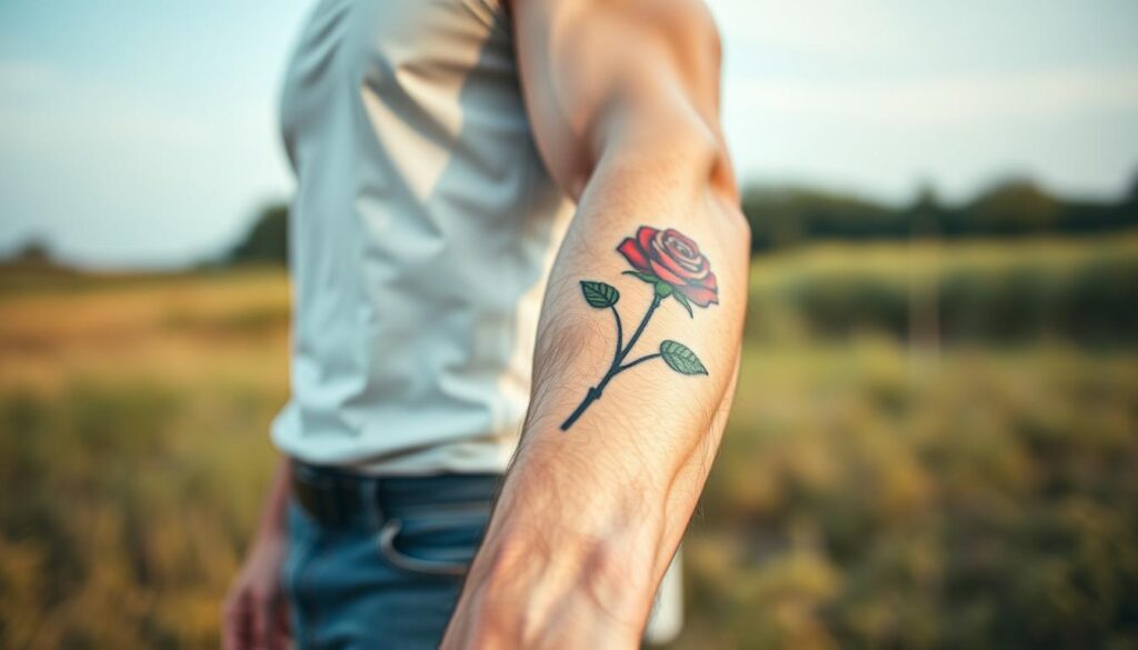 A beautifully detailed image depicting a muscular Caucasian male arm and wrist adorned with an intricately designed rose tattoo. The foreground focuses on the vibrant colors and fine lines of the tattoo, showcasing its symbolism and artistry. The middle ground features the male figure in modest, casual clothing, emphasizing his strong physique while keeping the focus on the tattoo placement. The background is softly blurred, providing a warm, natural setting that conveys a sense of tranquility and reflection. Soft, natural lighting illuminates the scene, highlighting the intricacies of the tattoo and enhancing the overall mood. Capture the angle from slightly above to emphasize the tattoo’s location and significance on the arm, creating an intimate and engaging atmosphere.