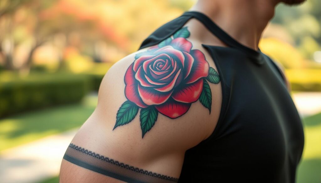 A beautifully detailed image of a shoulder tattoo featuring a large, intricately designed rose in vibrant red and deep green tones. The tattoo is set against a backdrop of a muscular arm, showcasing the masculine appeal of rose tattoos. The skin tone is fair, highlighting the contrast of the vivid colors in the tattoo. Soft, natural lighting accentuates the tattoo's details and creates a warm, inviting atmosphere. In the background, a subtle blurred scene of a tranquil park or garden is visible, enhancing the connection between nature and the symbolism of roses. The angle is a close-up shot that emphasizes the tattoo while maintaining the arm's context as part of a confident male figure dressed in a simple black t-shirt. The overall mood is one of strength, beauty, and personal significance, capturing why rose tattoos resonate with men today.