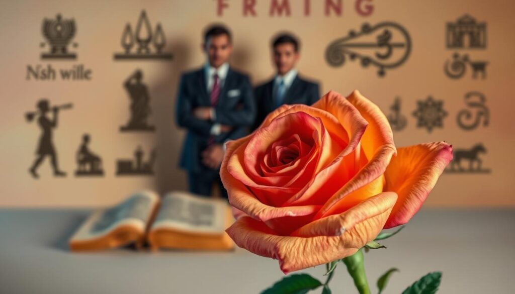 A beautifully detailed rose, showcasing its vibrant colors and intricate petal layers, acts as the focal point in the foreground. Surrounding the rose are subtle historical elements: ancient manuscripts and shadowy cultural symbols representing various traditions that have embraced the rose across time. In the middle ground, softly blurred, are figures in professional business attire, gazing thoughtfully at the rose, symbolizing contemplation of its significance. The background features a gentle gradient of soft pastels, creating a serene atmosphere that enhances the mood of reflection and cultural appreciation. Warm, ambient lighting casts a soft glow, highlighting the textures of the rose and the expressions of the figures, captured with a medium depth of field to draw the viewer's focus.