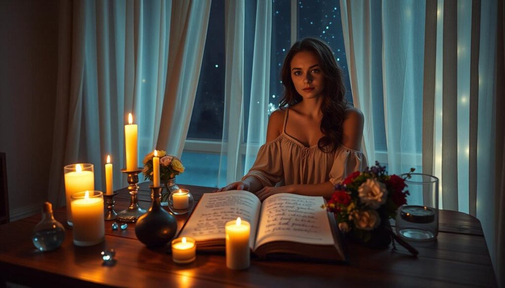 A beautifully illuminated room filled with mystical elements symbolizing love and reconciliation. In the foreground, a serene Caucasian woman in a modest, flowing dress sits at a wooden table adorned with candles, crystals, and fresh flowers—representing intentions to bring back a lover. In the middle, an open spellbook reveals enchanting symbols and handwritten notes, while a flickering candle casts gentle shadows, enhancing the atmosphere. The background features soft, dreamlike curtains and a window revealing a starlit night sky, emphasizing the enchanting mood. The lighting is warm and inviting, creating a sense of hope and calm. Capture this intimate, magical scene from a slightly elevated angle to evoke depth and connection to the subject.