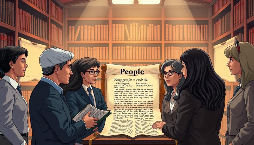 A beautifully illustrated scene representing the etymology of the word "people." In the foreground, a group of diverse Caucasian individuals in professional business attire engage in discussion, surrounded by historical texts and scrolls illustrating the origins of the word. In the middle ground, an ancient manuscript with Old English and Latin phrases can be seen, hinting at the evolution of the term. The background features a softly lit library with wooden shelves filled with books from different eras, creating a warm, scholarly atmosphere. The lighting is warm and inviting, with gentle beams illuminating the manuscript, accentuating the mood of discovery and learning. The angle of the image showcases the interaction among the individuals, conveying a sense of collaboration and curiosity about language. A beautifully illustrated scene representing the etymology of the word "people." In the foreground, a group of diverse Caucasian individuals in professional business attire engage in discussion, surrounded by historical texts and scrolls illustrating the origins of the word. In the middle ground, an ancient manuscript with Old English and Latin phrases can be seen, hinting at the evolution of the term. The background features a softly lit library with wooden shelves filled with books from different eras, creating a warm, scholarly atmosphere. The lighting is warm and inviting, with gentle beams illuminating the manuscript, accentuating the mood of discovery and learning. The angle of the image showcases the interaction among the individuals, conveying a sense of collaboration and curiosity about language.