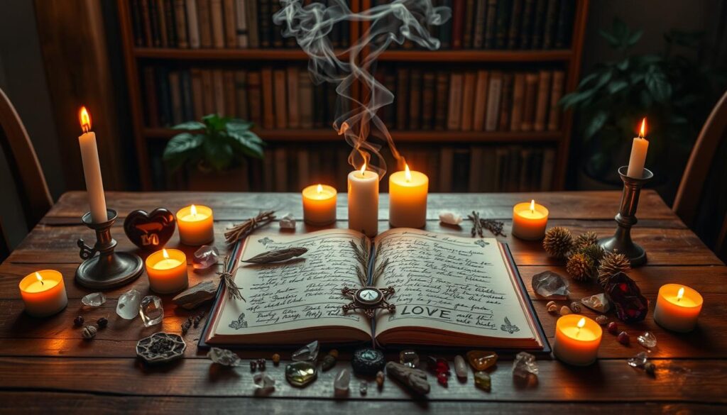 A beautifully intricate love spell arrangement centered on a wooden table, with soft candlelight illuminating the scene. In the foreground, delicate crystals and herbs are artfully arranged around an open spell book, showing handwritten intentions and symbols of love. A pair of modestly dressed Caucasian hands, engaged in the process, add a human touch to the imagery. In the middle ground, a gentle swirl of smoke rises from the candles, creating an ethereal atmosphere. The background features a softly blurred bookshelf filled with mystical texts and plants, enhancing the enchanting feel. The overall mood is serene and reflective, evoking themes of intention and ethical considerations in love spells, with warm, inviting golden and soft pink lighting to create a sense of hope and positivity.