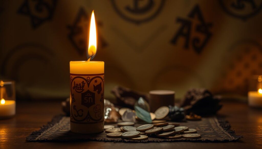 A beautifully lit candle sits prominently in the foreground, casting a warm, golden glow that gradually illuminates a small altar adorned with rich, earthy tones. The candle, intricately designed with symbols of abundance and prosperity, burns steadily. In the middle ground, a spread of carefully arranged crystals and coins symbolizes wealth, placed neatly beside the flickering flame. The background features a soft, blurred tapestry of deep greens and browns, enhancing the atmosphere of tranquility and focus. The lighting is soft and inviting, highlighting the candle’s flame while creating gentle shadows. The overall mood is one of serenity and intention, perfect for invoking prosperity and attracting wealth. The scene is framed from a slightly elevated angle, inviting the viewer to connect with the ritualistic essence of prosperity magic.