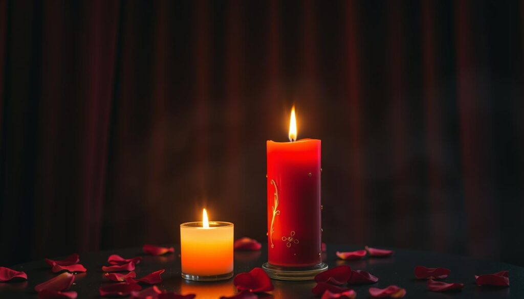 A beautifully lit red candle, glowing warmly with a flickering flame, is placed at the forefront of the image on an elegant, dark wood table. The candle is adorned with subtle gold embellishments, symbolizing attraction and passion. Surrounding the candle are scattered rose petals in rich red and deep pink hues, adding a romantic touch. In the middle ground, soft shadows from the candle flicker across a backdrop of deep velvet curtains, creating an intimate, inviting atmosphere. The lighting is soft and warm, evoking a sense of enchantment and desire. The camera angle is slightly above the candle, capturing both its glow and the surrounding petals, while maintaining a focus on the candle's intricate details. Overall, the mood is magical, perfect for inspiring feelings of love and attraction. A beautifully lit red candle, glowing warmly with a flickering flame, is placed at the forefront of the image on an elegant, dark wood table. The candle is adorned with subtle gold embellishments, symbolizing attraction and passion. Surrounding the candle are scattered rose petals in rich red and deep pink hues, adding a romantic touch. In the middle ground, soft shadows from the candle flicker across a backdrop of deep velvet curtains, creating an intimate, inviting atmosphere. The lighting is soft and warm, evoking a sense of enchantment and desire. The camera angle is slightly above the candle, capturing both its glow and the surrounding petals, while maintaining a focus on the candle's intricate details. Overall, the mood is magical, perfect for inspiring feelings of love and attraction.