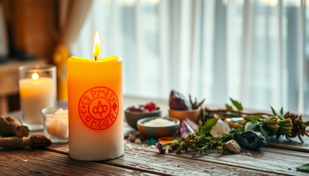 A beautifully lit safety candle, set against a softly blurred rustic wooden table, with warm, flickering light illuminating the surrounding area. In the foreground, the candle is intricately designed with protective symbols carved into the wax, casting gentle shadows. Surrounding the candle are an array of colorful crystals and herbs suggesting protection and love spells, blending into harmony. In the middle ground, a small bowl of salt signifies purification, while the background features a softly glowing window draped in sheer white curtains, allowing light to filter through delicately. The atmosphere is serene and inviting, evoking feelings of warmth, safety, and tranquility, perfect for a spell-casting environment. The composition captures a close-up view with soft focus, highlighting the candle's soothing glow and the harmonious arrangement of elements around it.
