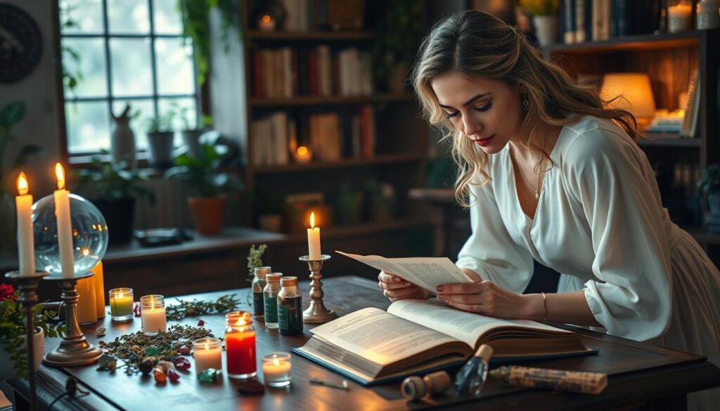 A beautifully lit scene depicting a mystical workspace for troubleshooting love spells. In the foreground, an elegantly adorned wooden table filled with colorful candles, herbs, and a crystal ball, all arranged neatly. A caucasian woman, dressed in a modest, flowing white dress, is leaning over the table, intently examining a spellbook with a furrowed brow, her expression showing concentration. In the middle, glowing candle flames flicker gently, casting warm, golden light on scattered potion bottles and semi-precious gemstones. In the background, soft shadows create a cozy atmosphere, with shelves lined with books and potted plants, adding depth. The overall mood is reflective and serene, inviting introspection about the complexities of love spells. The lighting is soft and warm, creating a mystical aura.