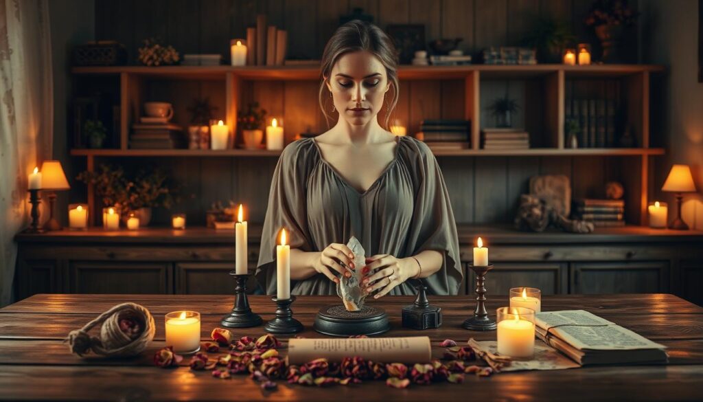 A beautifully lit scene depicting a serene indoor setting where a Caucasian woman is casting a love spell. In the foreground, she is standing at a wooden table, dressed in a flowing, elegant dress, with her hands delicately positioned over glowing candles and crystals. Her expression is focused and serene, exuding an aura of tranquility and intention. In the middle ground, various mystical ingredients, such as dried roses and handwritten scrolls, are artfully arranged, suggesting a ritual in progress. The background features softly illuminated shelves filled with herbs and enchanting books, enhancing the magical ambiance. Warm, golden lighting envelops the scene, creating a cozy and inviting atmosphere. The composition is shot from a slight angle above the table, adding depth and intrigue to the image.