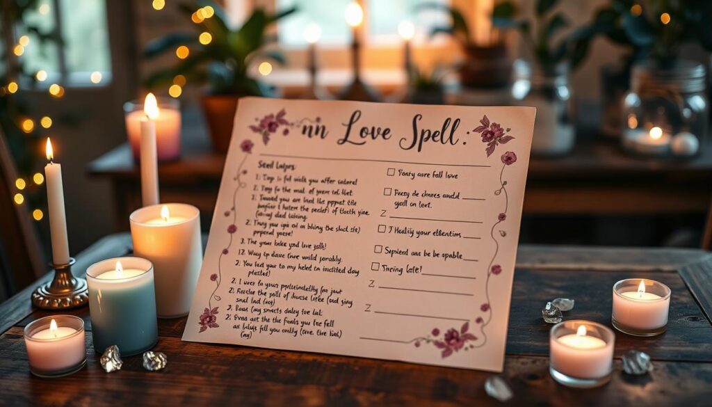 A beautifully organized love spell checklist displayed on an antique wooden table, with pastel-colored candles arranged around it. The checklist features handwritten notes with step-by-step instructions, adorned with delicate floral motifs and shimmering crystals scattered nearby. In the background, softly glowing fairy lights add a warm, inviting ambiance, creating a magical atmosphere. The scene is illuminated by gentle candlelight, casting soft shadows and highlighting the textures of the table and checklist. A cozy, enchanted room can be hinted at with blurred silhouettes of potted plants and spell jars in the background, enhancing the mystical feel. The focus is on the checklist, evoking a sense of curiosity and wonder, perfect for beginners exploring the art of love spells.