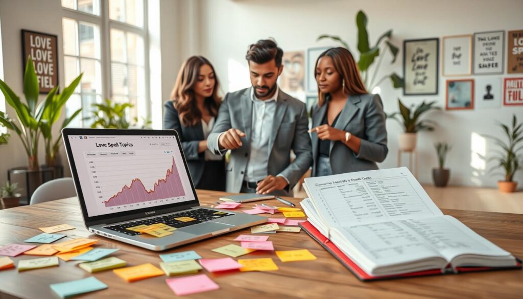 A beautifully organized workspace featuring a smart plan for distributing love spell topics for SEO. In the foreground, a sleek wooden desk is cluttered with colorful sticky notes, each labeled with different love spell topics. A modern laptop displays a vibrant graph showing keyword performance, and an open notebook filled with neatly handwritten notes is nearby. In the middle, a group of three diverse, professional individuals—two beautiful Caucasian figures, one male and one female, and a Black woman—are deep in discussion, pointing at the laptop screen, dressed in smart, modest business attire. The background shows a bright, airy office space adorned with plants and motivational posters. Soft natural light filters through large windows, creating an inviting and collaborative atmosphere. The image conveys a sense of focus, creativity, and strategic planning.