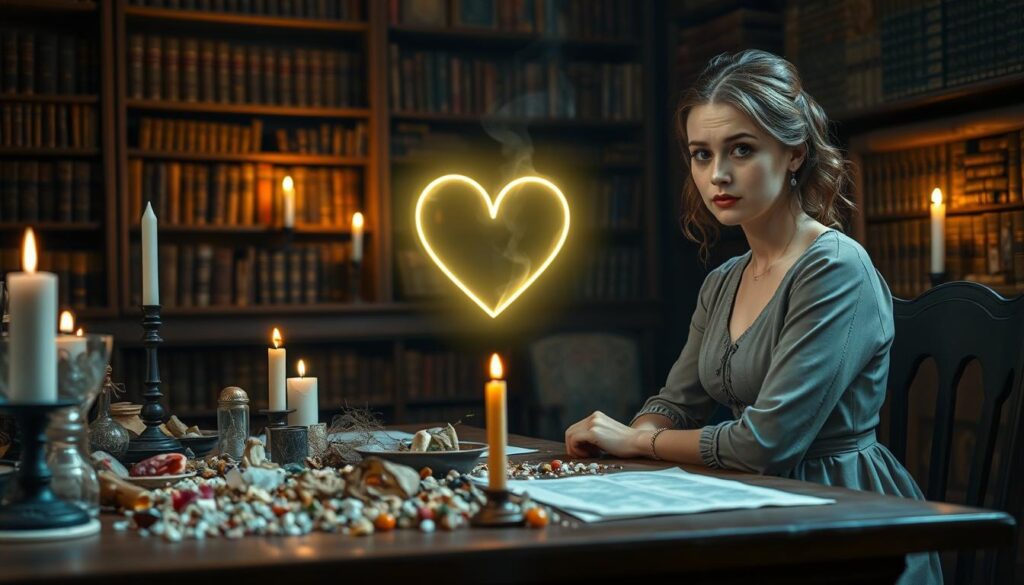A beautifully staged scene depicting the theme “Why Love Spells Don’t Always Work.” In the foreground, a young Caucasian woman in a modest, elegant dress sits at a wooden table cluttered with various spell ingredients: candle fragments, crystals, and herbs. Her expression is one of contemplation and slight disappointment, symbolizing the uncertain outcomes of love spells. In the middle ground, a glowing, half-formed heart icon hovers above the table, surrounded by flickering candlelight, representing hope and magic. In the background, a dimly lit room with bookshelves filled with ancient texts creates a mystical atmosphere, reflecting deep knowledge and tradition. The lighting is warm and soft, casting gentle shadows, enhancing the mood of introspection and magic. The angle captures the woman's thoughtful posture, inviting viewers to ponder the complexities of love and intention.