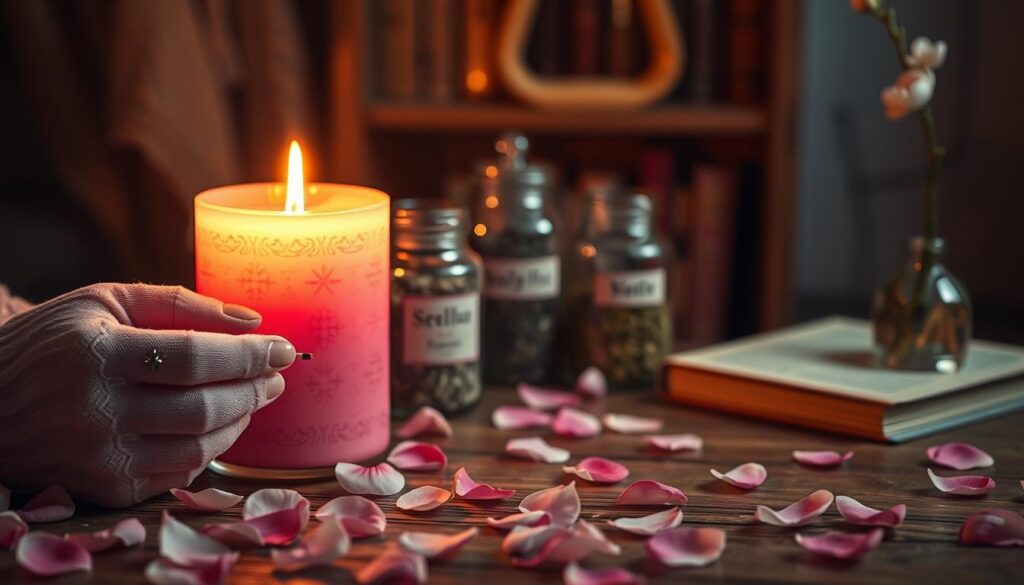 A beautifully styled pink candle glowing in a dimly lit room, surrounded by delicate, soft-focus rose petals scattered on a wooden table. The candle, intricately decorated with subtle patterns, emits a warm, inviting light that casts gentle shadows. In the foreground, a pair of elegant, gloved hands—adorned with simple silver rings—holds a match, about to light the candle. The middle section features glass jars filled with herbs and crystals, each labeled neatly, adding to the spellcasting ambiance. In the background, a softly blurred shelf filled with mystical books and a single blooming flower adds depth to the scene. The overall atmosphere is romantic and enchanting, evoking a sense of magic and warmth. The lighting should be soft, emphasizing the glow of the candle and creating a dreamy, inviting feel.