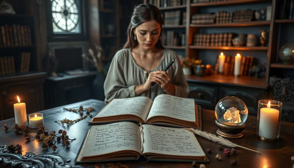 A calming and mystical scene depicting "tracking results" related to love magic. In the foreground, an ornate wooden table displays an open notebook filled with handwritten notes and symbols, accompanied by a delicate crystal ball glowing softly. Scattered around are dried flowers, candles flickering gently, and a feather quill. The middle ground features a serene figure, a beautiful Caucasian woman dressed in modest, flowing attire, thoughtfully analyzing the notes while holding a pen. She exudes an aura of focus and intuition. The background reveals a cozy, dimly lit room adorned with shelves of mystical books and herbs, with soft, warm lighting enhancing the enchanting atmosphere. The composition should evoke a sense of mystery, reflection, and hope, inviting viewers into the world of love magic.