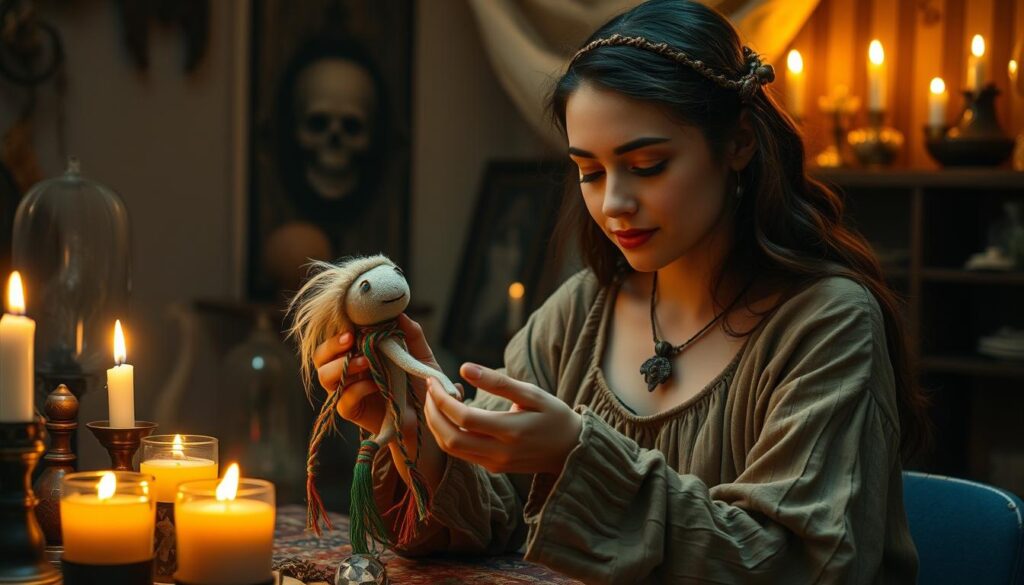 A captivating scene depicting a beautiful Caucasian magical practitioner surrounded by elements of poppet magic. In the foreground, she engages tenderly with a handcrafted poppet, adorned with colorful threads and small charms, symbolizing care and focus on a specific person. Her attire is modest yet enchanting, reflecting a blend of earthy tones to harmonize with the mystical atmosphere. In the middle ground, softly glowing candles cast flickering lights, creating a warm, inviting ambiance. The background features a serene, dimly lit space filled with magical artifacts and herbs, enhancing the sense of enchantment. The image is infused with a gentle, dreamlike quality, as if inviting viewers into the world of love spells and heartfelt magic, captured from a slight low angle to evoke intimacy and connection.