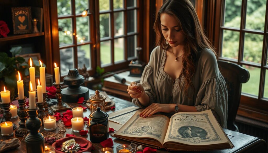 A captivating scene depicting a mystical workspace for love spells, featuring an elegant wooden table cluttered with various spell ingredients: candles, rose petals, crystals, and an open spellbook with ornate illustrations. In the foreground, a beautiful Caucasian woman in modest casual clothing demonstrates intention in her actions, such as thoughtfully mixing ingredients or consulting the spellbook. The middle layer shows soft candlelight casting flickering shadows, enhancing the enchantment of the atmosphere. In the background, a lush green garden is visible through a large window, evoking a sense of tranquility and connection to nature. The warm lighting creates a cozy yet mysterious mood, inviting viewers to ponder the complexities and realistic limits of spell work.