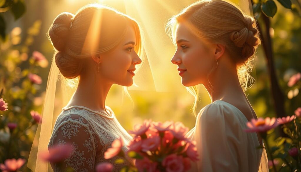 A captivating scene depicting emotional attraction, featuring two beautiful Caucasian figures in a lush garden, standing close yet separated by a thin glimmering veil of light that symbolizes connection and yearning. In the foreground, soft rays of golden sunlight illuminate their faces, highlighting their expressions of longing and intrigue. The middle ground includes blooming flowers, their vibrant colors enhancing the atmosphere of romance and enchantment. In the background, gentle bokeh of soft green foliage creates a serene and magical ambiance. The overall mood is tender and dreamlike, conveying the deep effects of a love spell on one's thoughts, feelings, and behavior, emphasizing connection, attraction, and the power of emotional ties.