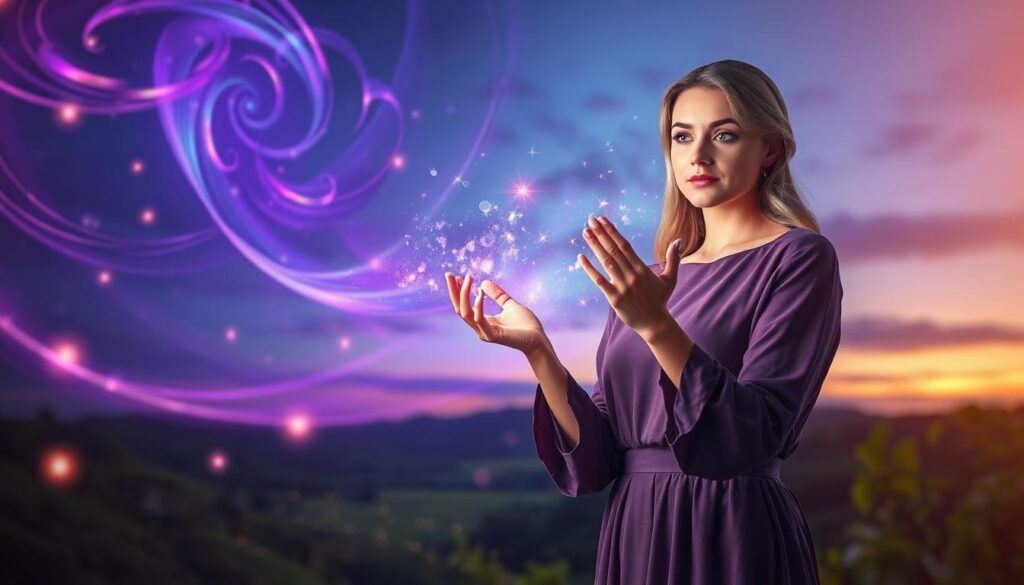 A captivating scene depicting magick energy swirling and pulsating in vibrant hues of purple, blue, and gold, symbolizing the essence of love and manifestation. In the foreground, a beautiful Caucasian figure stands confidently, dressed in elegant, modest attire, with hands raised as if channeling energy. Soft, shimmering light emanates from their fingers, illuminating delicate, floating sparks of magick. The middle ground features a serene landscape, with lush greenery and sparkling orbs of light drifting through the air, creating an enchanting ambiance. In the background, a dusk sky transitions from deep indigo to a warm golden glow, evoking a sense of patience and tranquility. The overall mood should feel mystical and uplifting, inviting viewers to connect with the concept of love spells and positive energy. The image should be well-lit, with a soft focus on the foreground figure, using a slight bokeh effect to enhance the magical atmosphere.