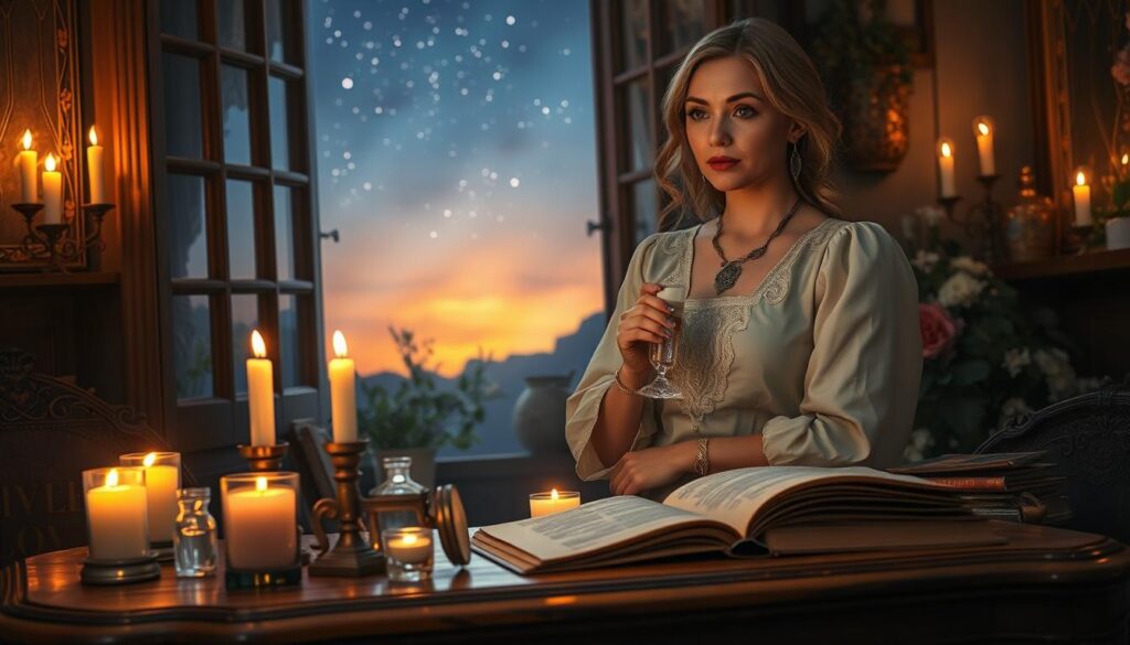 A captivating scene depicting mystical love spells in a serene, enchanting setting. In the foreground, an ornate wooden table adorned with glowing candles, crystals, and ancient spellbooks, all radiating soft, warm light. A beautiful Caucasian woman in elegant, modest attire stands thoughtfully, holding a delicate vial filled with shimmering liquid, symbolizing the power of love magic. In the middle ground, a partially open window reveals a twilight sky speckled with stars, casting a magical hue on the room. The background features mystical herbs and flowers, hinting at nature's influence in love spells. The atmosphere is romantic and inviting, with an air of mystery and a touch of serenity, suggesting the transformative potential of love magic while respecting its limits. Soft focus, slight haze for dreaminess. A captivating scene depicting mystical love spells in a serene, enchanting setting. In the foreground, an ornate wooden table adorned with glowing candles, crystals, and ancient spellbooks, all radiating soft, warm light. A beautiful Caucasian woman in elegant, modest attire stands thoughtfully, holding a delicate vial filled with shimmering liquid, symbolizing the power of love magic. In the middle ground, a partially open window reveals a twilight sky speckled with stars, casting a magical hue on the room. The background features mystical herbs and flowers, hinting at nature's influence in love spells. The atmosphere is romantic and inviting, with an air of mystery and a touch of serenity, suggesting the transformative potential of love magic while respecting its limits. Soft focus, slight haze for dreaminess.