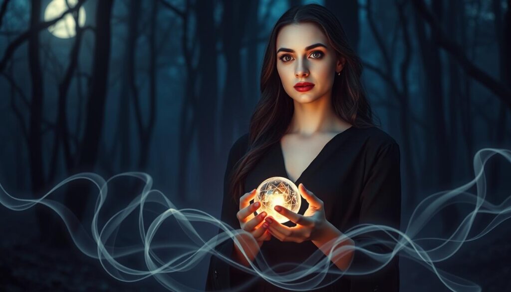 A captivating scene depicting the concept of "binding energy" in love magic. In the foreground, a beautiful Caucasian woman, dressed in elegant yet modest black attire, stands with a small, intricately designed crystal orb glowing in her hands, symbolizing focus and intention. Her expression is one of serene determination. The middle ground features swirling ethereal energy strands, intertwining and coiling around her, representing the complexities of obsession and emotional ties. In the background, a mystical forest illuminated by soft, moonlit ethereal light casts shadows that evoke a sense of mystery and magic. The atmosphere is enticing yet contemplative, with a cool color palette based on deep blues and purples, enhancing the enigmatic quality of the scene. Shot with a soft-focus lens to create a dreamlike effect.