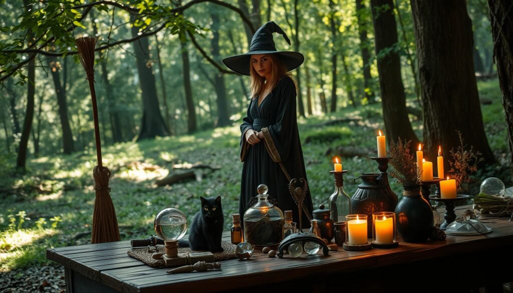 A captivating scene depicting the contrast between myths and reality in witchcraft. In the foreground, a beautifully detailed, elegant witch stands confidently, wearing a modest, flowing robe instead of a traditional pointy hat, holding a broom as a symbol of empowerment rather than folklore. Next to her, a curious black cat lounges, embodying mystery. The middle ground features an assortment of witchcraft artifacts: crystal balls, potion bottles, and herbs, all arranged on an ancient wooden table, illuminated by soft candlelight that casts warm shadows. In the background, a forest glade with a mystical atmosphere, dappled sunlight filtering through the trees, enhancing the magical yet serene mood. The composition should evoke a sense of intrigue and charm, inviting viewers to explore the truth behind witchcraft.