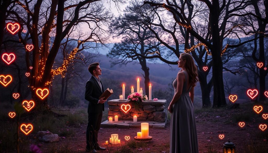 A captivating scene depicting the history of love magic, set in a mystical forest clearing. In the foreground, a beautiful Caucasian couple in modest, professional attire stands together, surrounded by ethereal glowing hearts and ancient spellbooks. The couple gazes into each other's eyes, expressing a deep connection. In the middle ground, a stone altar adorned with candles and flowers emits a soft, warm light, setting the stage for romantic enchantment. In the background, timeless trees, draped in soft, shimmering lights, tower over softly rolling hills, hinting at an enchanting landscape. The atmosphere is serene yet magical, with a dusk-inspired color palette of purples, pinks, and golds, providing a dream-like quality. Use a soft-focus lens effect to enhance the enchanting mood.