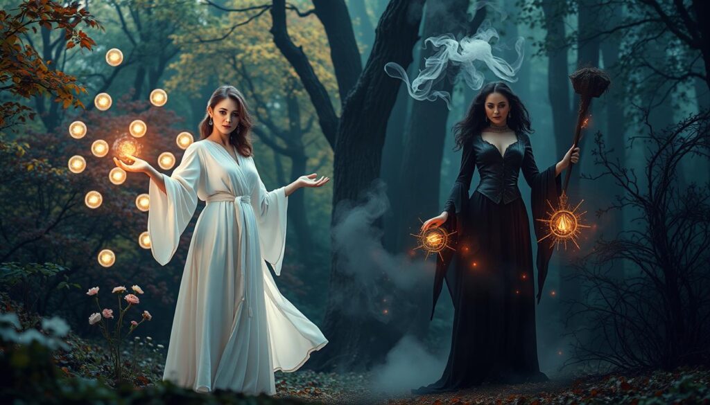 A captivating scene illustrating "White Magic vs. Black Magic." In the foreground, a beautiful Caucasian figure in white, dressed in flowing, elegant robes, performs a gentle spell surrounded by glowing orbs of light and delicate flowers, symbolizing love and positivity. Opposite her, a striking woman in dark, dramatic attire stands confidently, wreathed in shadows, conjuring energy with swirling dark smoke and ominous symbols, representing power and temptation. The middle ground features a mystical forest backdrop, with vibrant trees and contrasting dark thickets intertwined, suggesting the duality of magic. The atmosphere is ethereal, bathed in soft, enchanting light that hints at both warmth and mystery. The angle captures both figures in a balanced composition, emphasizing their opposing energies while maintaining a sense of harmony.