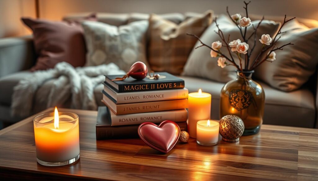 A captivating still life arrangement showcasing various beautifully designed magic love products, such as enchanted candles, romantic books, and heart-shaped trinkets, artfully displayed on a polished wooden table. In the foreground, soft light illuminates the intricate details of a candle flickering gently, casting warm shadows. The middle layer features elegantly stacked romance novels with glossy covers, alongside small decorative hearts symbolizing love. In the background, a cozy and inviting living space is depicted, with soft plush cushions and warm-toned decor, enhancing the overall romantic atmosphere. The scene is infused with a dreamy glow, suggesting warmth, enchantment, and a sense of connection. The overall mood is enchanting and inviting, emphasizing the theme of love as a magical experience.