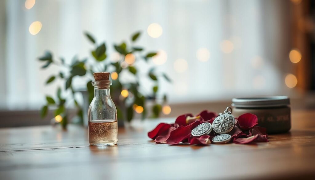 A captivating still life scene displaying a collection of love spell casting tools without candles. In the foreground, an elegant wooden table hosts a beautifully arranged assortment of items: a small crystal vial with a shimmering liquid, dried rose petals, and a delicate silver locket. The middle ground features a lush plant softly blurring in and out of focus, adding depth to the scene. In the background, there are soft-focus lit fairy lights draped gently, creating a warm and inviting glow. The composition is shot from a slightly elevated angle, with soft, natural lighting enhancing the rich textures of the objects. The mood is romantic and mystical, perfect for illustrating the concept of casting love spells with minimal tools.
