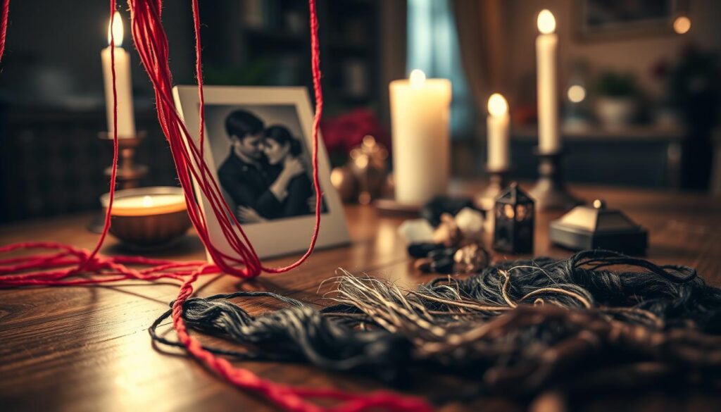 A close-up, intimate scene of a beautifully arranged photo binding ritual. In the foreground, vibrant red and black threads intertwine around a striking black-and-white photograph of a couple, symbolizing their emotional connection. Scattered nearby are strands of hair placed delicately on an ornate wooden table, illuminated by soft, warm candlelight that casts gentle shadows. In the middle ground, various mystical items such as crystals and herbs are artfully displayed, adding depth to the scene. The background features blurred elements of a dimly lit room, creating a mystical atmosphere with a hint of romance. The image captures a serene, focused mood, emphasizing the ritualistic essence of love binding spells, ideal for drawing readers into the subject.
