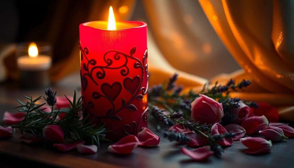 A close-up of a beautifully crafted candle, glowing softly in a dimly lit room. The candle is deep red, symbolizing love and passion, adorned with intricate carvings of swirling vines and hearts. Surrounding the candle are fresh herbs like rosemary and lavender, adding a touch of green amidst a delicate arrangement of dried rose petals. The background features subtle hints of shimmering gold fabric draped softly, creating a warm and inviting atmosphere. Soft candlelight flickers, casting gentle shadows on the surface, enhancing the mystical mood. The image captures a sense of serenity and enchantment, perfectly illustrating the act of choosing materials for love-themed spells. The lighting is soft and warm, evoking a feeling of intimacy and inspiration.