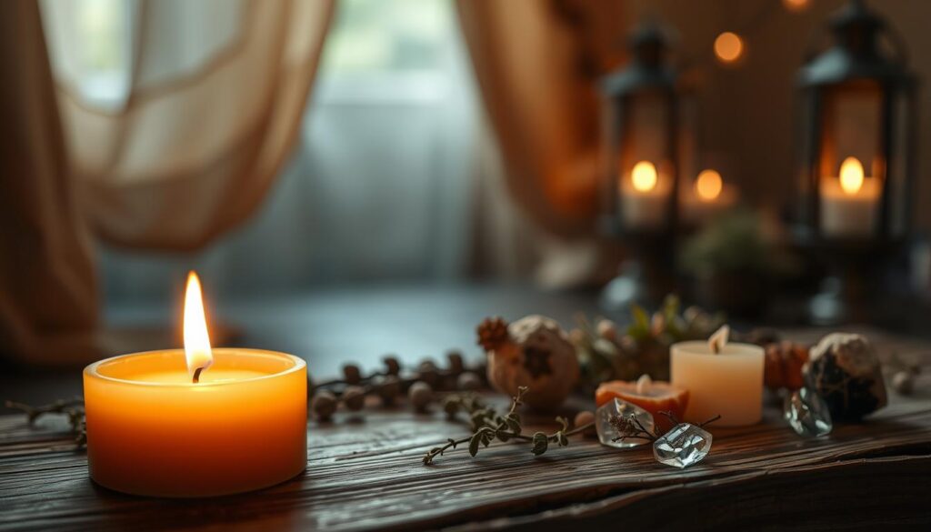 A close-up of a beautifully crafted candle, its rich wax reflecting soft, warm light. The foreground features the candle resting on a rustic wooden altar, adorned with delicate herbs and crystals that radiate a calming energy. In the middle, a flickering flame casts gentle shadows, creating an intimate and inviting atmosphere. The background is softly blurred, suggesting a tranquil space, perhaps with draped fabric or dimly lit lanterns that enhance the mystical vibe. Use soft focus and natural lighting to evoke a serene and enchanting mood, hinting at the ritual and intention behind the candle without any distractions. No text or people included in the image.