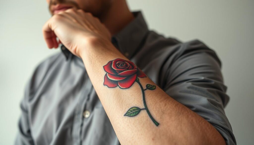 A close-up of a beautifully intricately designed rose tattoo on the forearm of a Caucasian male. The rose should be vibrant with deep reds and delicate shading, showcasing its petals and details prominently. The arm is positioned against a neutral background, creating a focused and intimate atmosphere. Soft natural lighting highlights the texture of the skin and the rich colors of the tattoo, emphasizing its craftsmanship. The composition captures the tattoo's artistry and cultural significance, inviting viewers to contemplate its meaning. The male figure is dressed in a modest, casual shirt, maintaining a professional appearance that emphasizes the tattoo without distraction. The overall mood is contemplative and respectful, celebrating the symbolism of the rose.