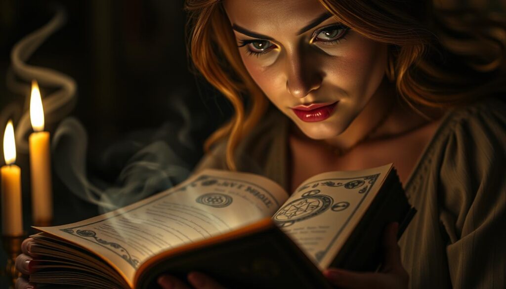 A close-up scene illustrating "obsession," featuring a beautifully rendered Caucasian woman in a modest, elegant outfit, her eyes intensely focused on an intricate love spell book, where glowing symbols and swirling energies appear to emanate from the pages. In the foreground, the book and her hands grasping it are in sharp focus, showcasing her emotional investment. In the middle background, dimly lit candles flicker, casting a warm, golden glow that enhances the atmosphere of enchantment and fixation. The background reveals a shadowy, ethereal realm with soft, swirling mist, suggesting a mystical connection to her longing thoughts. The overall mood is intense and captivating, creating a balance between fascination and obsession, with dynamic lighting capturing the emotional weight of the scene. A close-up scene illustrating "obsession," featuring a beautifully rendered Caucasian woman in a modest, elegant outfit, her eyes intensely focused on an intricate love spell book, where glowing symbols and swirling energies appear to emanate from the pages. In the foreground, the book and her hands grasping it are in sharp focus, showcasing her emotional investment. In the middle background, dimly lit candles flicker, casting a warm, golden glow that enhances the atmosphere of enchantment and fixation. The background reveals a shadowy, ethereal realm with soft, swirling mist, suggesting a mystical connection to her longing thoughts. The overall mood is intense and captivating, creating a balance between fascination and obsession, with dynamic lighting capturing the emotional weight of the scene.