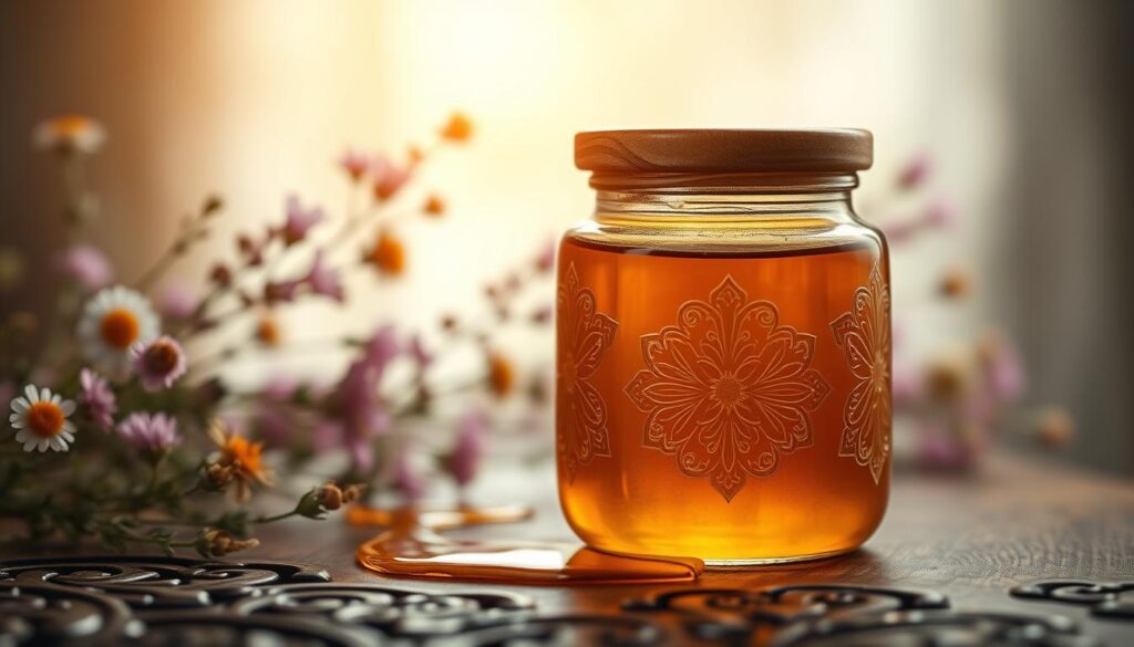 A close-up view of a beautifully crafted glass honey jar, filled with golden, glistening honey, sitting on an ornate wooden table. The jar features intricate designs and a wooden lid, surrounded by a few honey drips glistening on the table. In the background, soft, diffuse lighting bathes the scene in a warm, inviting glow, creating an atmosphere of harmony and sweetness. Gently blurred wildflowers and herbs decorate the backdrop, enhancing the magical and natural feel of the composition. The focus is on the jar, highlighting its texture and the rich color of the honey, while the background elements subtly suggest the theme of connection and love. The overall mood is serene and enchanting, symbolizing warmth and affection without distractions.