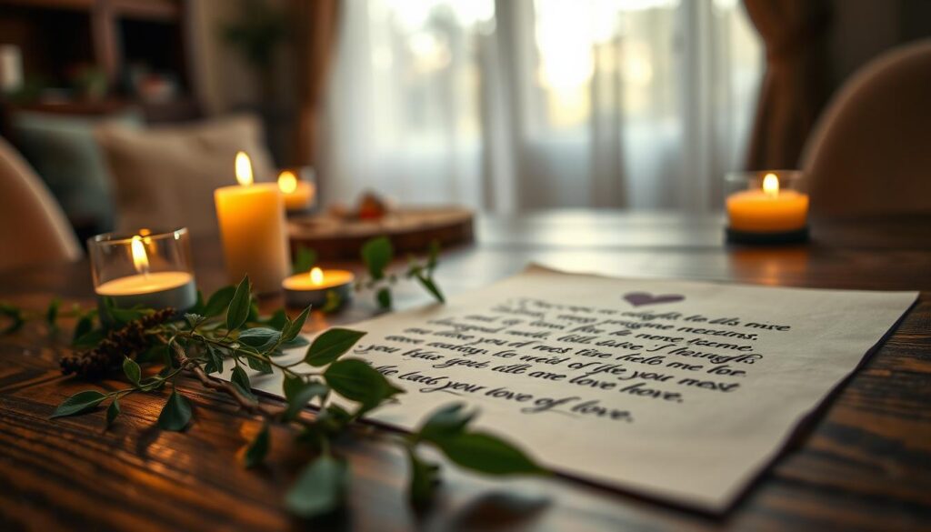 A close-up view of a beautifully crafted paper petition laid out on a wooden table, surrounded by fresh herbs and candles, creating a serene and mystical atmosphere. In the foreground, the petition is neatly written in elegant calligraphy, showcasing heartfelt intentions of love. The middle ground features delicate, green leaves and small burning candles that illuminate the scene with a warm, soft glow. In the background, there's a softly blurred, cozy room filled with natural light filtering through sheer curtains, adding a tranquil vibe. The focus is sharp on the paper petition while maintaining a gentle bokeh effect around the edges, evoking a sense of magic and intention. The overall mood is peaceful, inviting, and reflective, perfect for a love spell ritual.