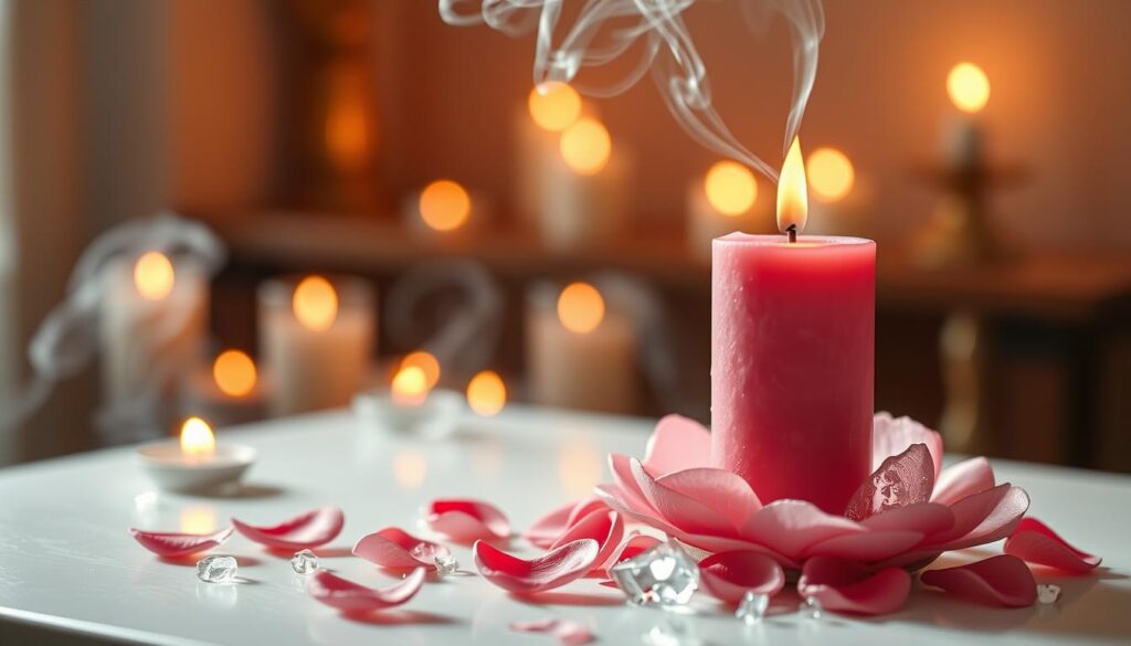 A close-up view of a beautifully crafted pink candle, symbolizing love, resting elegantly on a white altar. In the foreground, the candle is adorned with delicate rose petals and surrounded by soft, shimmering crystals that reflect light. The middle ground features a softly blurred backdrop of warm, flickering candlelight, creating a serene and romantic atmosphere. Ethereal wisps of incense smoke curl grace the air, enhancing the mystical feel. The lighting is soft and warm, casting gentle shadows that add depth. The angle is slightly elevated to capture both the candle and the romantic ambiance around it. The entire scene conveys a sense of tranquility and love, inviting viewers to reflect on the power of the love spell.