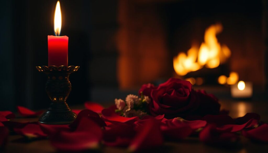 A close-up view of a red candle burning softly against a dark, moody backdrop, with subtle flickers of warm light casting gentle shadows. In the foreground, a beautifully detailed candle holder with intricate designs complements the red candle, while a scattering of rose petals in various shades of red and pink surrounds it, symbolizing love and reconciliation. The middle ground features a soft-focus effect that blurs out a small arrangement of delicate flowers, enhancing the romantic atmosphere. In the background, a faint silhouette of a romantic setting, such as a cozy fireplace, adds warmth and intimacy to the scene. The overall mood is tranquil and inviting, perfect for evoking themes of love and second chances, captured with a shallow depth of field for a dreamy quality.