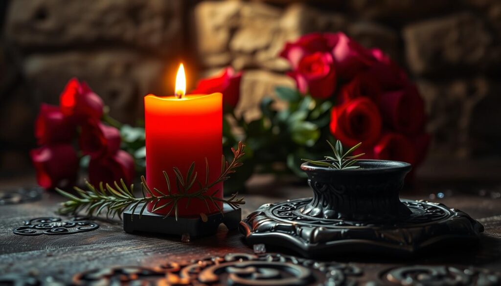 A close-up view of a vibrant red candle, surrounded by flickering flames that cast warm, inviting light. The candle is placed on a dark, ornate wooden table, adorned with delicate sprigs of fresh rosemary and small crystals to enhance the spell's allure. In the background, soft shadows dance on an old stone wall, creating an intimate, mystical atmosphere. The scene is illuminated by the candlelight, creating a soft golden glow. A softly blurred bouquet of red roses can be seen behind the candle, adding to the romantic essence. The overall mood is enchanting and captivating, ideal for a love magic theme, with a focus on harmony and attraction.