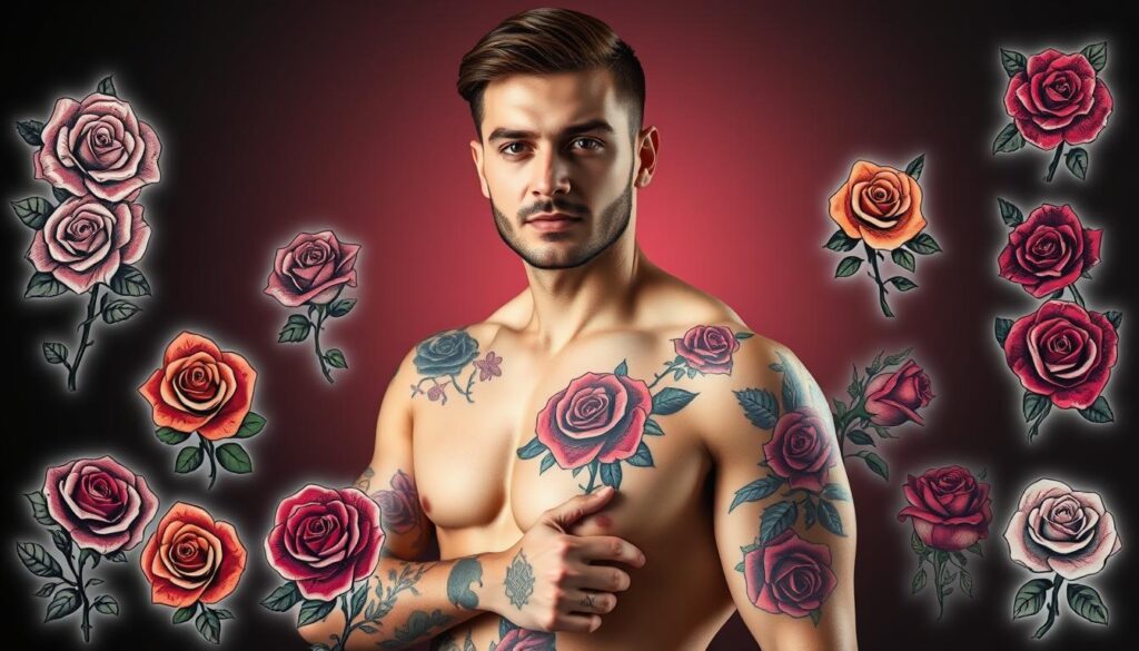 A collection of popular rose tattoo designs for men, displayed prominently in the foreground. Showcase a variety of styles, including traditional, neo-traditional, and watercolor, with intricate details and bold colors. In the middle, feature a stylized arm and shoulder of a beautiful Caucasian man adorned with several of these tattoos, each seamlessly integrated into the skin, emphasizing their vibrancy and artistry. The background should include a subtle gradient, transitioning from dark to light, to enhance the tattoos’ visual impact. Use soft, diffused lighting to create a warm and inviting atmosphere, highlighting the designs while giving depth to the scene. Use a slightly angled perspective to add dynamism, ensuring the focus remains on the tattoos without any distractions.