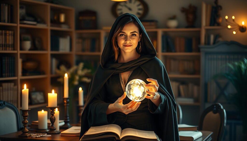 A confident spellcaster with an air of mystical elegance stands in the foreground, wearing a beautifully tailored dark cloak over a professional outfit. She holds a glowing crystal orb, emanating light that illuminates her serene face, capturing her positive energy. In the middle ground, a table adorned with esoteric artifacts, such as candles, herbs, and intricate spell books, creates a workspace that feels both inviting and magical. In the background, a softly illuminated room filled with bookshelves and ethereal decor reflects an enchanting yet professional atmosphere. The lighting is warm and inviting, with a gentle glow highlighting the details of the spellcaster's attire and surroundings, creating a mood of inspiration and hope. The angle captures her poised stance, emphasizing her role as a professional guide, dedicated to assisting those in love.