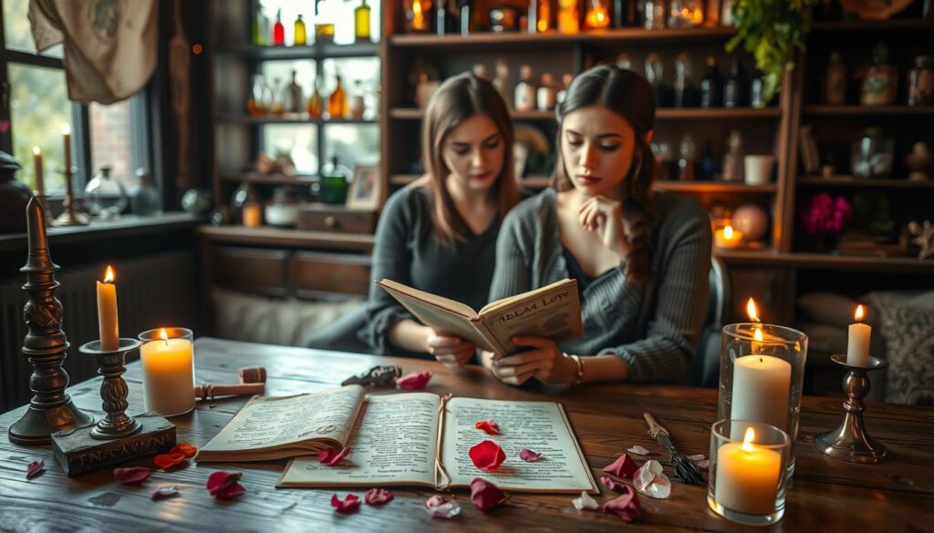 A cozy and mystical indoor setting filled with spellbinding artifacts for "troubleshooting love spells." In the foreground, a beautifully arranged wooden table showcases an open spellbook with handwritten notes and ingredients like rose petals, candles, and crystals scattered around. A soft, warm candlelight illuminates the scene, casting gentle shadows that create an intimate atmosphere. In the middle ground, a thoughtful Caucasian woman in modest casual attire examines her spellbook, displaying a look of concentration and curiosity. The background features softly blurred shelves lined with enchanted herbs, potion bottles, and more intricate spellcraft tools, enhancing the magical vibe. The overall mood is serene yet contemplative, inviting the viewer into a world of love magic and self-discovery, with a focus on the troubleshooting aspect.