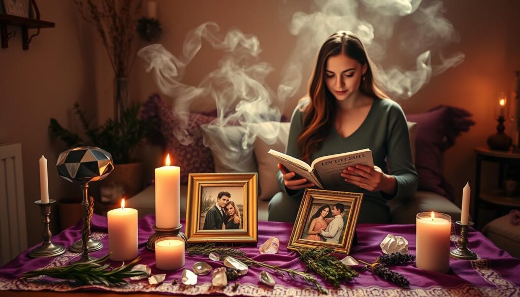 A cozy and mystical room setting, symbolizing the theme of love spells. In the foreground, a beautifully arranged altar featuring a love spell setup: soft pink candles flickering, crystals scattered across a vibrant purple cloth, and a framed photograph of a couple surrounded by various herbs like rosemary and lavender. In the middle ground, a focused figure of a beautiful Caucasian woman, dressed in modest casual attire, carefully examining a spell book with an expression of concentration. The background reveals dreamy wisps of smoke and ethereal lighting, creating an enchanting atmosphere with soft shadows. Warm, inviting tones dominate the scene, enhancing the mystical vibe while maintaining a professional and engaging look.